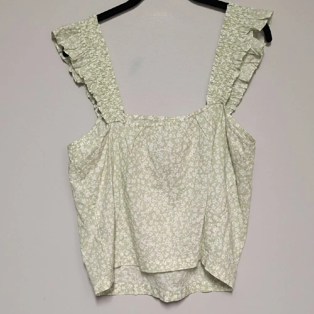 J. Crew Light Green Floral Tank Top with Ruffle Straps